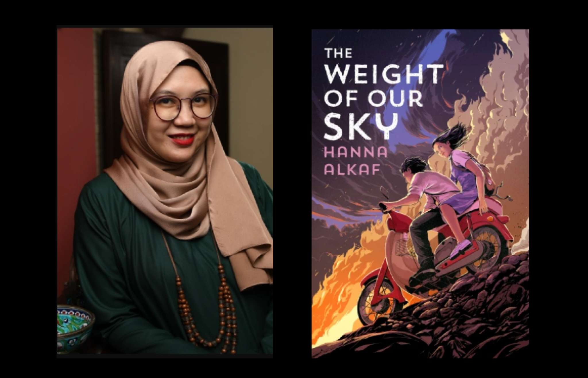 Hanna Alkaf and Book Cover of The Weight of Our Sky