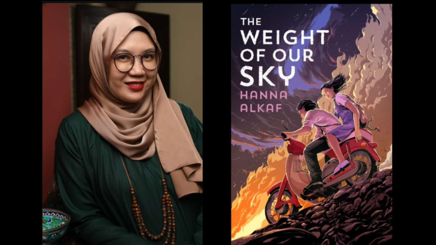 Hanna Alkaf and Book Cover of The Weight of Our Sky